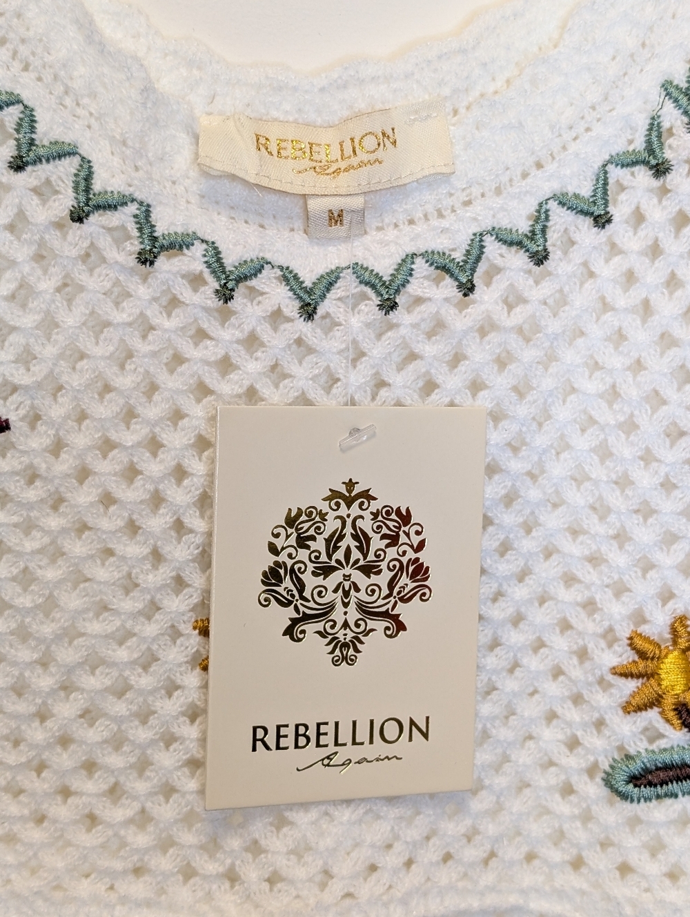 Rebellion Again Crochet Tank Top Floral Embroidered Boho Cottagecore Cream M - Picture 11 of 15